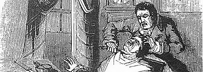 Sweeney Todd cuts the throat of a customer